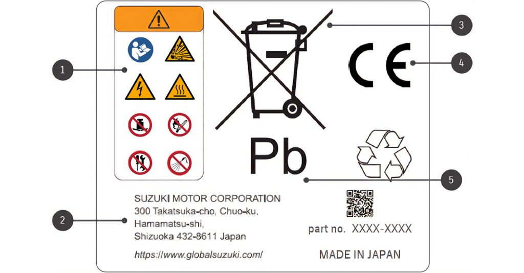 Warnhinweis mit Sicherheitssymbolen, Herstellerangabe (Suzuki Japan), Symbol für getrennte Sammlung (durchgestrichener Mülleimer), CE-Kennzeichen und Hinweis auf Blei (Pb) als Schwermetall
